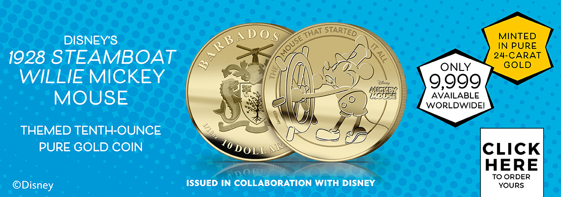 The Disney 1928 'Steamboat Willie' Mickey Mouse Themed Official 1/10th oz Pure Gold Coin